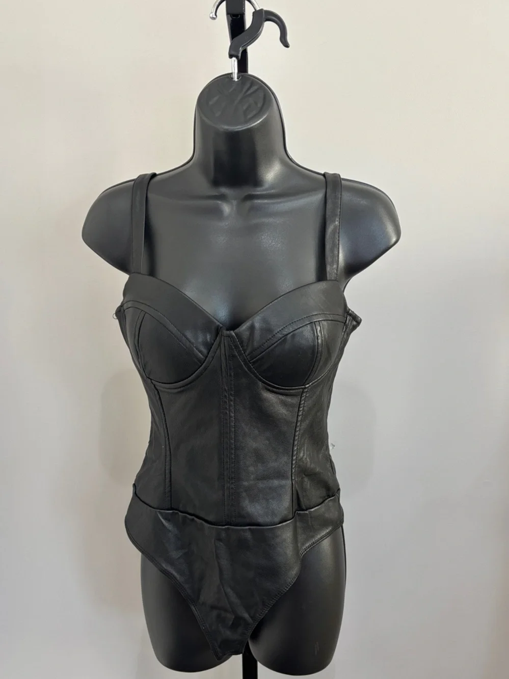 Vintage Haute Monde Black Leather Bustier Bodysuit with Adjustable Straps Size S